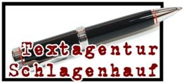 Schwarzer Kugelschreiber über dem Text "Textagentur Schlagenhauf" in einem Rahmen.