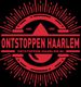 Rood embleem met tekst "Ontstoppen Haarlem", waterdruppel, en website.
