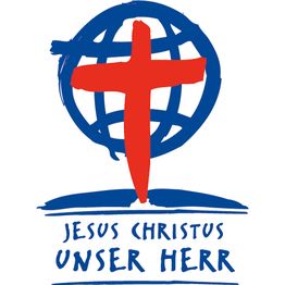 Rotes Kreuz vor blauem Globus, darunter der Text "Jesus Christus unser Herr" in blauer Schrift.
