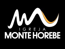 Logotipo "Igreja Monte Horebe" com design de montanha estilizada em preto, branco e laranja.