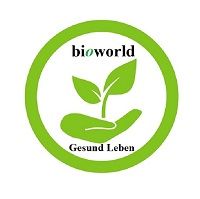 Grünes Logo mit einer Hand und Pflanze, Text: "bioworld Gesund Leben".