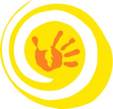 Gelbes und oranges Spiralmuster mit einer rötlichen Handfläche in der Mitte.