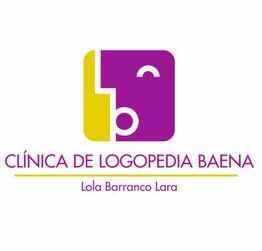Logotipo de la Clínica de Logopedia Baena, colores morado y amarillo.