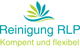 Logo von Reinigung RLP mit grün-blauem Blattmotiv und Slogan "Kompetent und flexibel".