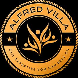 Gold circular logo with "Alfred Villa" and "Bail Expertise You Can Rely On" text surrounding a leaf design.