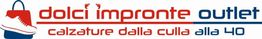 Logo di "dolci impronte outlet" con scarpa rossa e blu, testo rosso e blu.