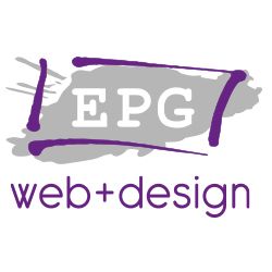 Logo mit "EPG" in lila Pinselstrichen und darunter "web+design" in lila Schrift.