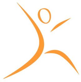 Orange Silhouette einer tanzenden Figur vor weißem Hintergrund.