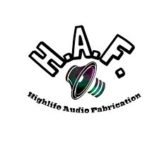 Logo with "H.A.F." above a colorful speaker, text reads "Highlife Audio Fabrication."