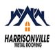 Logo of Harrisonville Metal Roofing with blue roof and orange window graphic.
