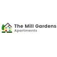 Logo of The Mill Gardens Apartments with a house and tree icon.