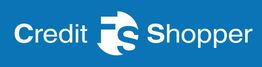 Logo de Credit Shopper en fondo azul con letras y símbolo blancos.