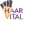Logo mit Schere und Schriftzug "HAAR VITAL" in Lila und Orange auf weißem Hintergrund.