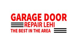 "Garage Door Repair Lehi" logo with red text and black stripes.
