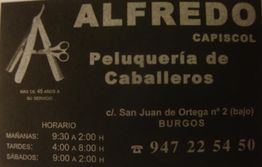 Anuncio de "Alfredo Capiscol", peluquería de caballeros en Burgos, con horarios y teléfono.