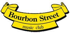Logo amarelo do clube "Bourbon Street Music Club" com faixa ondulada.