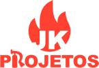 Logo vermelho com chama e texto "JK Projetos" abaixo.
