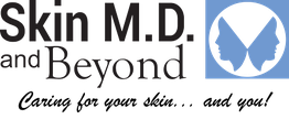 Logo with "Skin M.D. and Beyond" text and silhouette faces forming a butterfly in a blue circle.