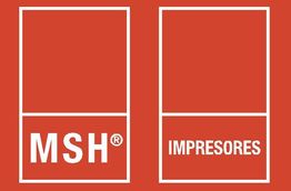 Logo rojo con dos cuadrados; uno dice "MSH" y el otro "IMPRESORES".