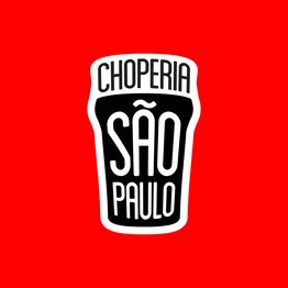 Logotipo da Choperia São Paulo em fundo vermelho, com texto em copo estilizado.