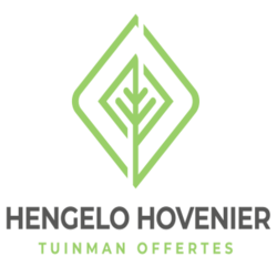 Logo van Hengelo Hovenier, groene blad in geometrische vorm en tekst "Tuinaan offertes".