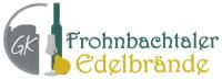 Logo mit Text "Frohnbachtaler Edelbrände", Flasche, Glas und Frucht-Symbol.