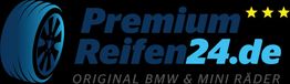 Logo von PremiumReifen24.de mit Reifenmotiv und drei gelben Sternen, Text: "ORIGINAL BMW & MINI RÄDER".