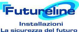 Logo Futureline, testo: "Installazioni, La sicurezza del futuro", cerchi e linee blu.