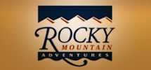"Rocky Mountain Adventures logo with stylized mountain design on a brown background."
