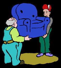 Zwei Personen heben gemeinsam einen großen blauen Sessel an.