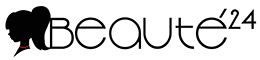 Frauenkopf-Silhouette und Schriftzug "Beauté 24" im modernen Design, schwarze und rote Details.