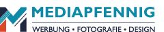 Logo mit Text "MEDIAPFENNIG" und Slogan "WERBUNG · FOTOGRAFIE · DESIGN".