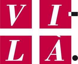 Cuatro cuadros rojos con letras blancas formando "VILA" y puntos negro y blanco a la derecha.
