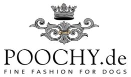 Logo mit Krone und Ornamenten, Text: "POOCHY.de, Fine Fashion for Dogs".