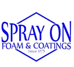 Logo with text "SPRAY ON FOAM & COATINGS, Since 1975" in blue inside a hexagon.