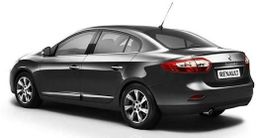 Carro sedã Renault cinza, visto de trás em fundo branco.