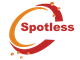 Logo for Spotless cleaning services with orange and red swirls and small water droplets.