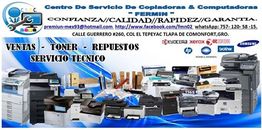 Imagen publicitaria de servicios y productos de copiado y computación, con varias impresoras.