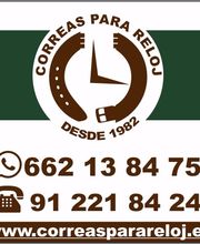 Logotipo de correas para reloj con contactos telefónicos y sitio web: correasparareloj.es.