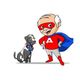 Cartoon superhero man with a red mask and blue cape, stands next to a dog wearing a bandana.