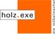 Logo mit Text "holz.exe" vor orangefarbenem Quadrat, seitlich "die möbelmacher".