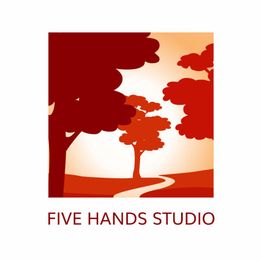 Silhouette of trees and path with "Five Hands Studio" text below in red shades.