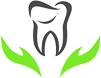 Stylized tooth and wings logo with green leaf accents.
