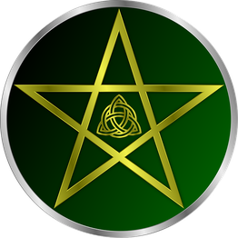 Goldenes Pentagram mit keltischem Knoten in grünem und silbernem Kreis.