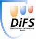 Logo mit Text "DiFS: Dienstleistung, Fachberatung, Service" und farbigen Symbolen auf blauem Schild.