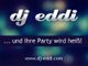 Schriftzug "dj eddi" vor buntem Hintergrund, Text: "... und Ihre Party wird heiß!"