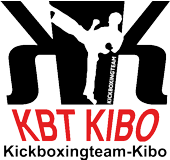 Logo von KBT KIBO, Kickboxer in Silhouette mit schwarzem "K" im Hintergrund.