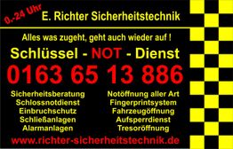 Visitenkarte für Schlüsseldienst mit Notrufnummer und Leistungen wie Einbruchschutz und Öffnungen.