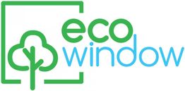 Logo mit grünem Baumrahmen und Text "eco window" in grün und blau.
