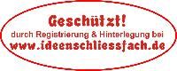 Rotes ovales Siegel mit Text: Geschützt! Registrierung bei www.ideenschliessfach.de.